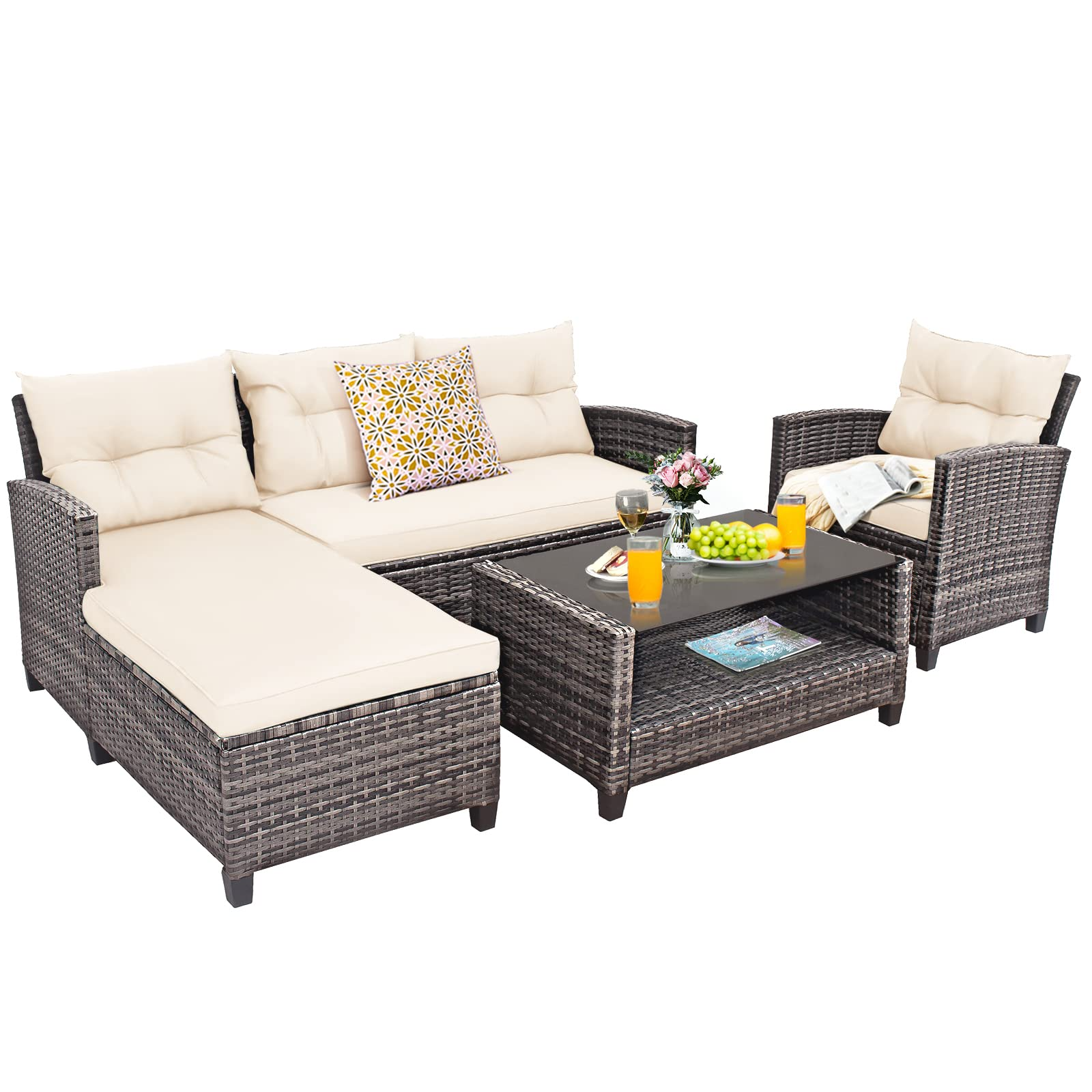 Tangkula Ensemble de Conversation en Rotin 4 Pièces, Ensemble de Meubles d'Extérieur Patiojoy avec Coussins, Canapé de Salon avec Table Basse